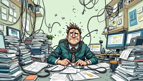 Frazzled project manager surrounded by tangled cables papers uk office