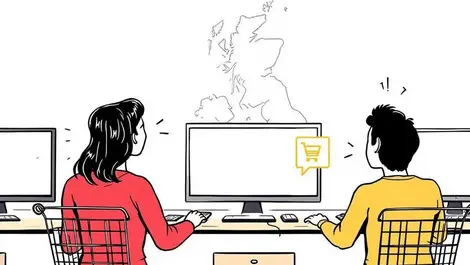 Frustrated shoppers shopping carts blank computer screens online shopping uk background