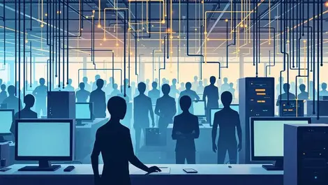 Digital network shadowy humanoid figures hidden non human presences modern office