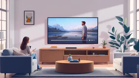 Living room modern cozy furniture tv paused scene subtle ad banner