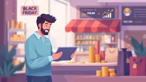 Small shop using digital tablet bar graphs coins increased sales cash flow black friday