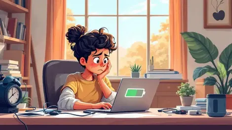 Realistic australian home office person worried low battery laptop cable scatter daylight