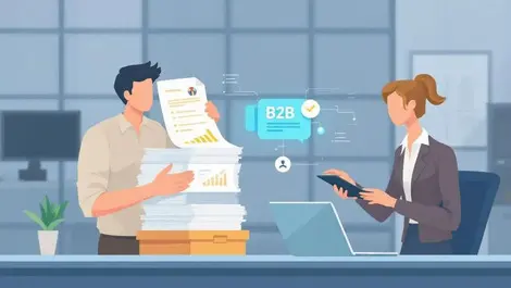 Businesspeople exchanging papers to digital data automation b2b sales orders