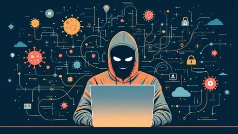 Masked figure at computer surrounded by digital code cyber threats