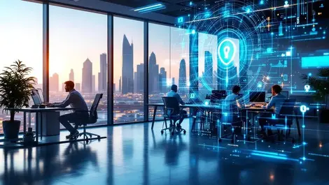 Modern office dubai skyscrapers professionals computers it cybersecurity network