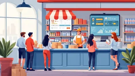 British retail store friendly staff digital delivery tracking illustration
