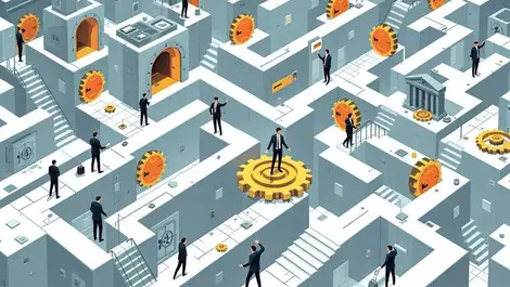 Executives navigating complex gear maze bank vaults payment modernization