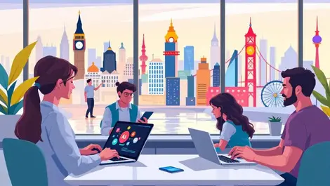 Modern workspace people collaborating smartphones laptops ai icons iconic landmarks london boston san francisco