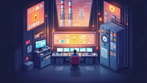 Secure control room industrial monitors protective barriers security symbols european energy infrastructure safety cybersecurity