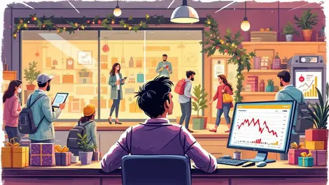 Worried retailer viewing declining profits on computer anonymous shoppers online holiday season