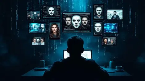 Worried person screens distorted faces ai cybercrime online trust