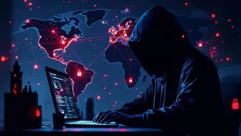 Hooded cybercriminal red binary web over global industrial targets