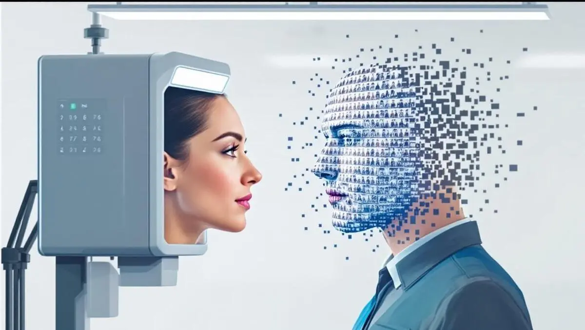 Biometric face scan half human half digital mask anti deepfake id