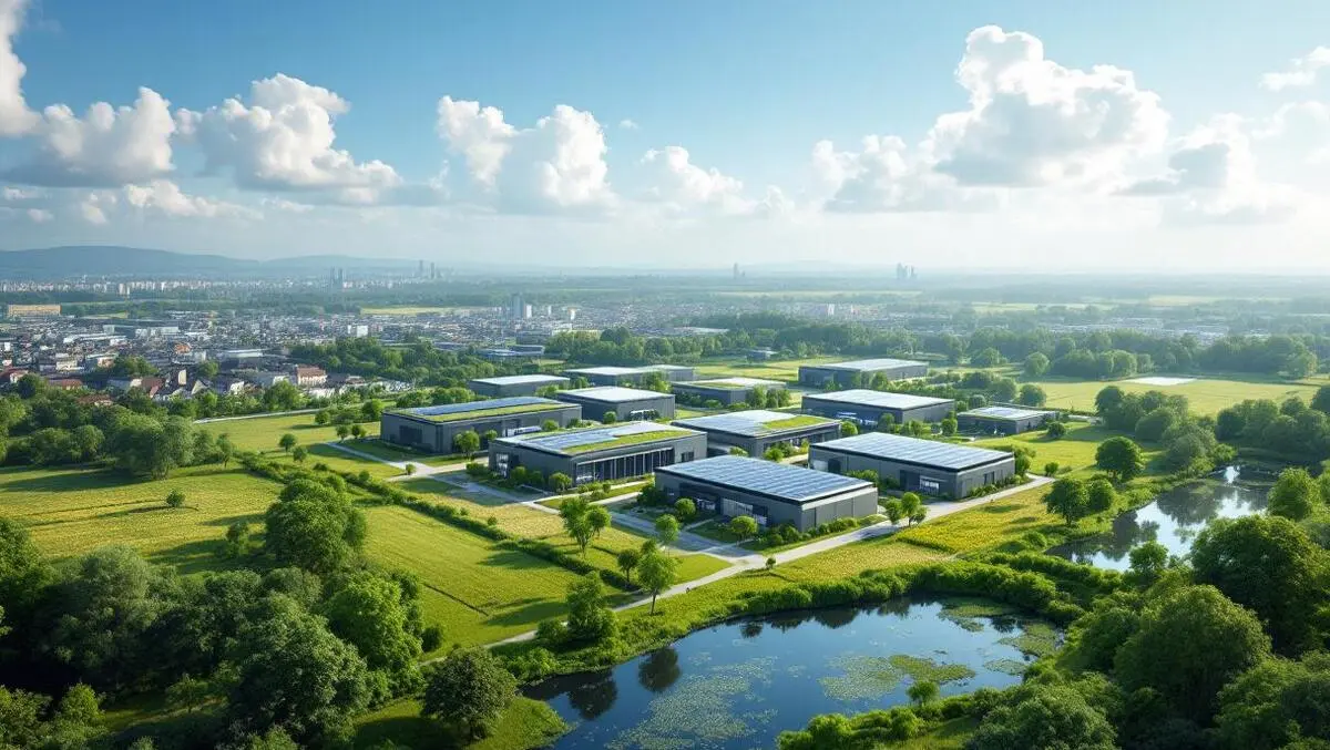 Aerial european data center with solar roofs wetlands meadows sky
