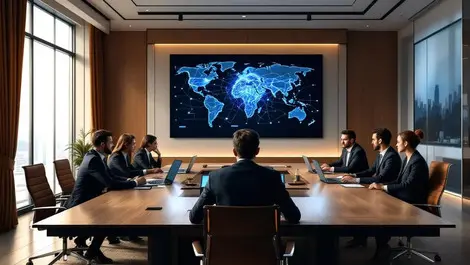 Global law firm conference room ai brain display world map collab