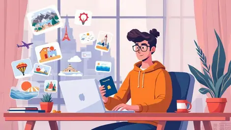 Young traveler ai trip planning with credit card and passport cautious