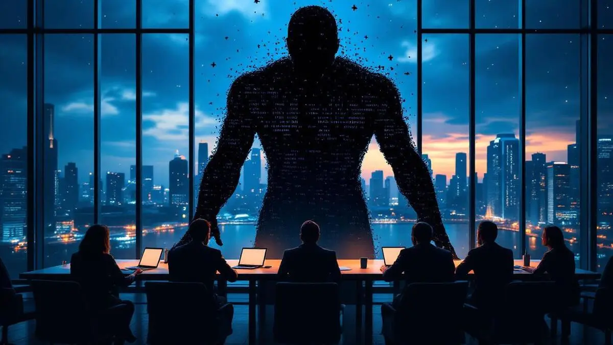 Moody singapore boardroom ai risk shadowy data silhouette