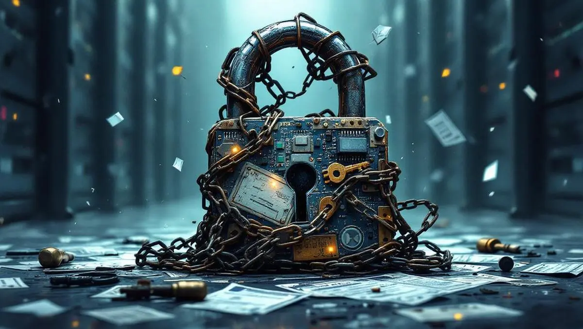 Tangled rusty circuit padlock over cloud servers outdated security
