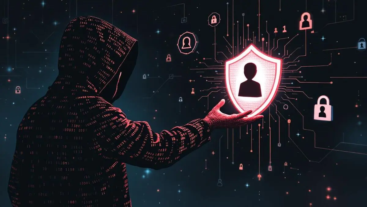 Hooded binary figure ai cyber threats glowing locked data shield
