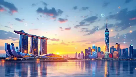 Singapore shenzhen skyline glowing blockchain data exchange dusk
