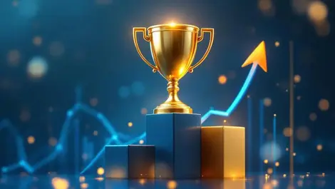 Trophy on rising bar chart marketing analytics top ranking gold blue