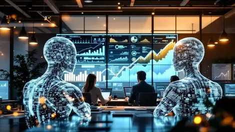 Modern audit office accountants with translucent ai data agents