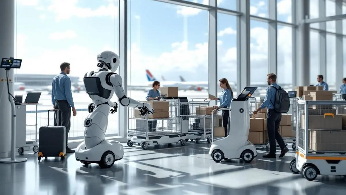 Modern airport terminal service robots helping staff with luggage carts