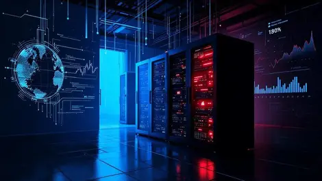 Dark server room red glowing rack critical data leak cinematic