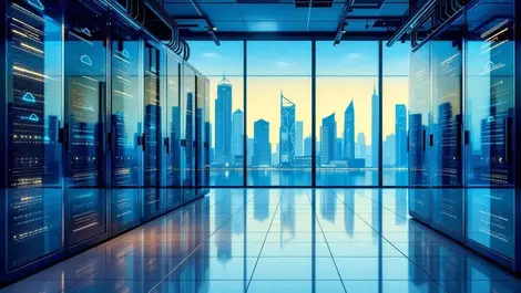 Bahrain bank data center with server racks and manama skyline