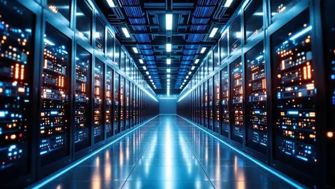 Cinematic wide data centre corridor blue lit server racks interior