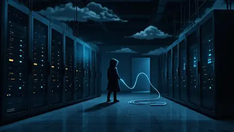 Stealthy cloud server room data theft ghostly silhouette cable
