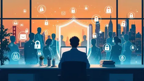 Office worker shielded by translucent silhouettes cybersecurity scene