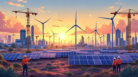 Modern australian green industrial landscape sunrise solar wind