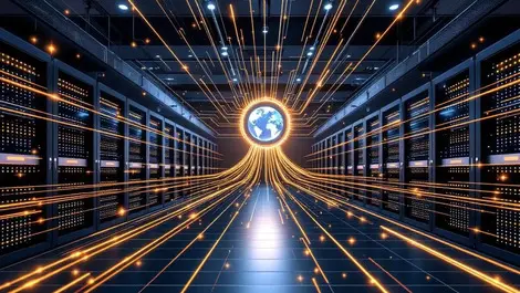 Modern datacenter ai partner network glowing data hub worldmap