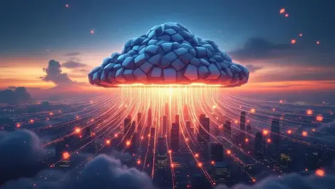 Cinematic fortified cloud shields over city ai data protection
