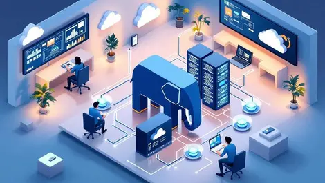 Isometric it control room elephant servers cloud charts blue