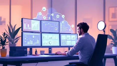 It pro multi screen ai workflow automation cloud office scene realistic