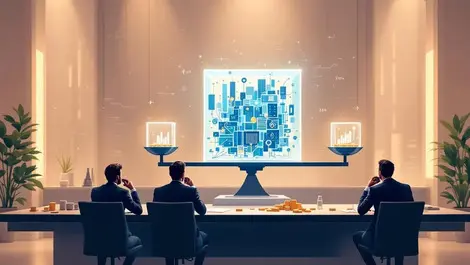 Wall street boardroom asset managers ai data cube on gold scales