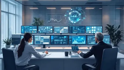 Modern compliance office analysts screens data streams cool neutral